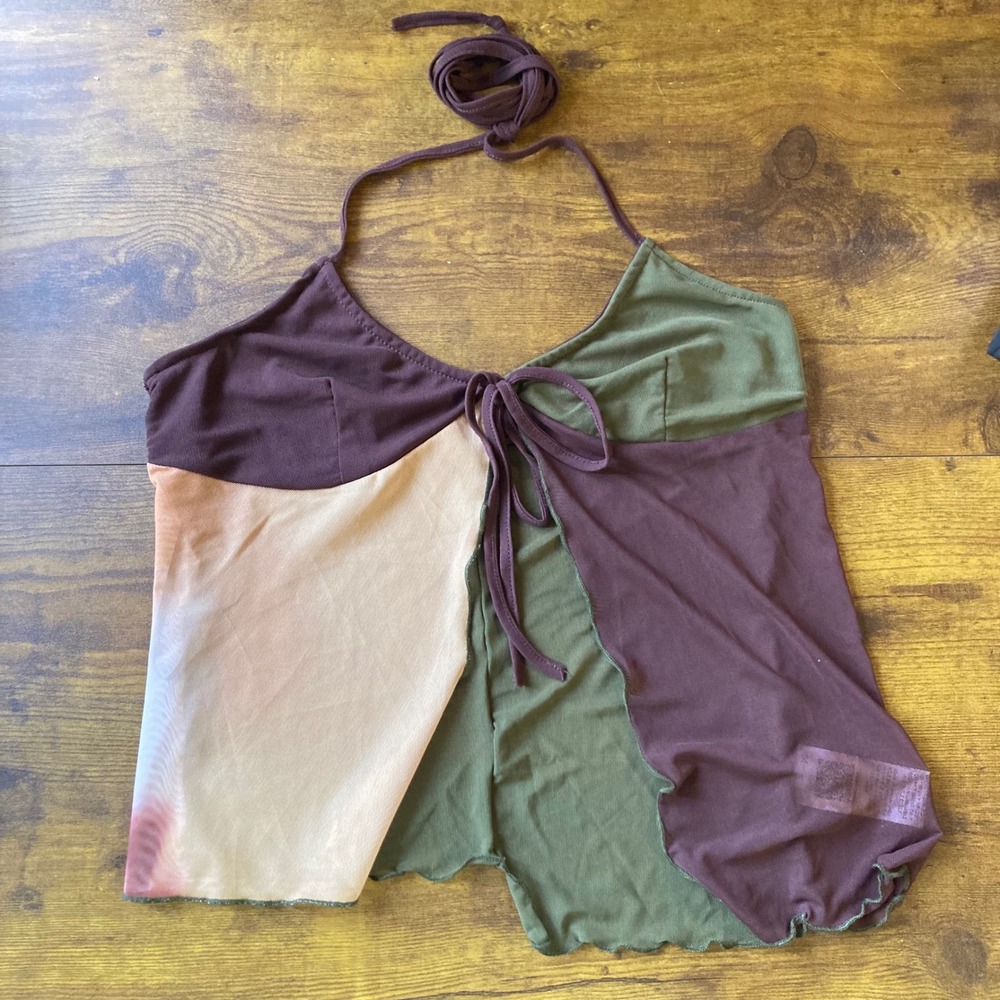Y2K Patchwork Mesh Halter Top Brown Green Lettuce Edge Camisole S SHEIN Women